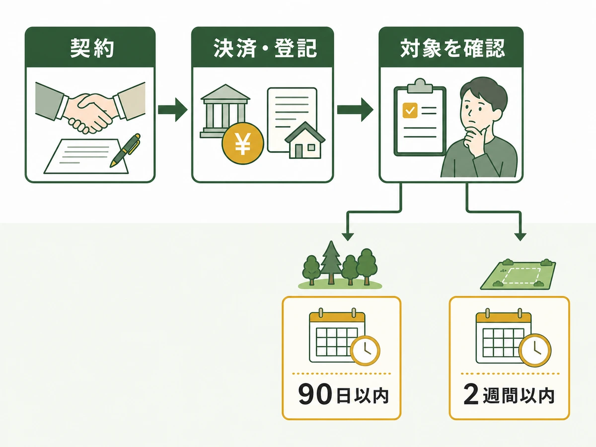 山林売買の契約、決済・登記、対象別の届出期限を示す図