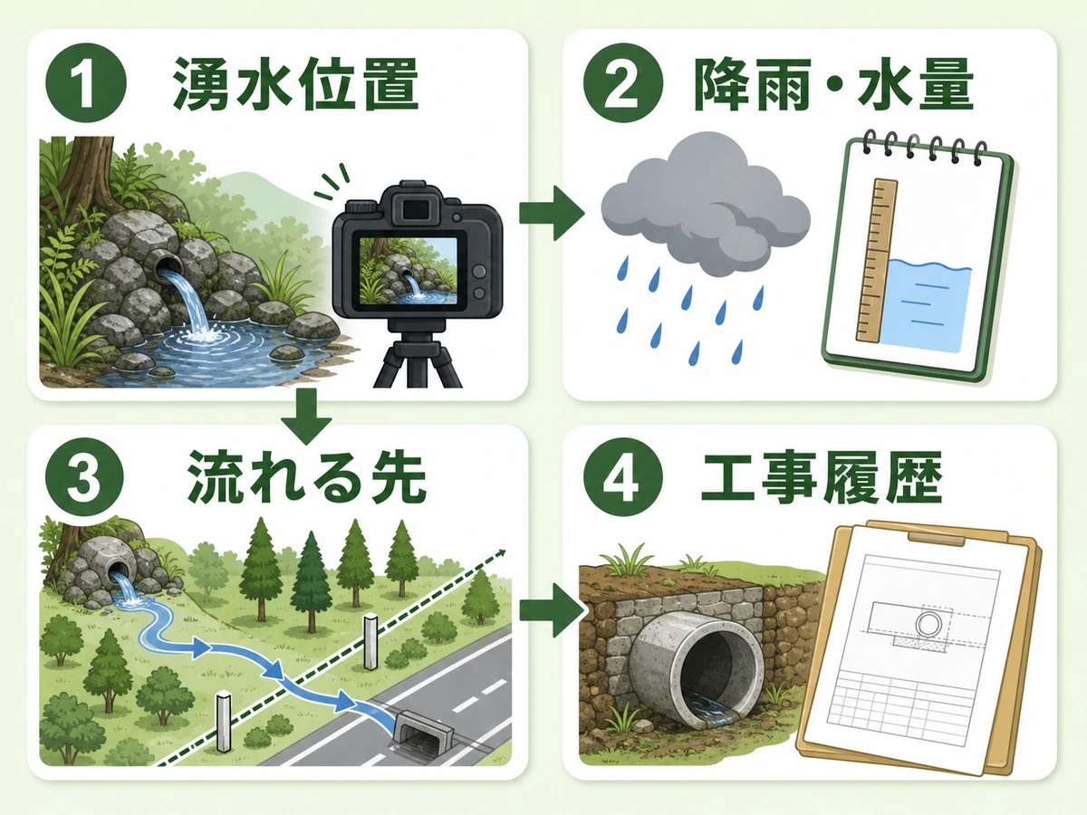 湧水位置、降雨と水量、流れる先、工事履歴を記録する4段階
