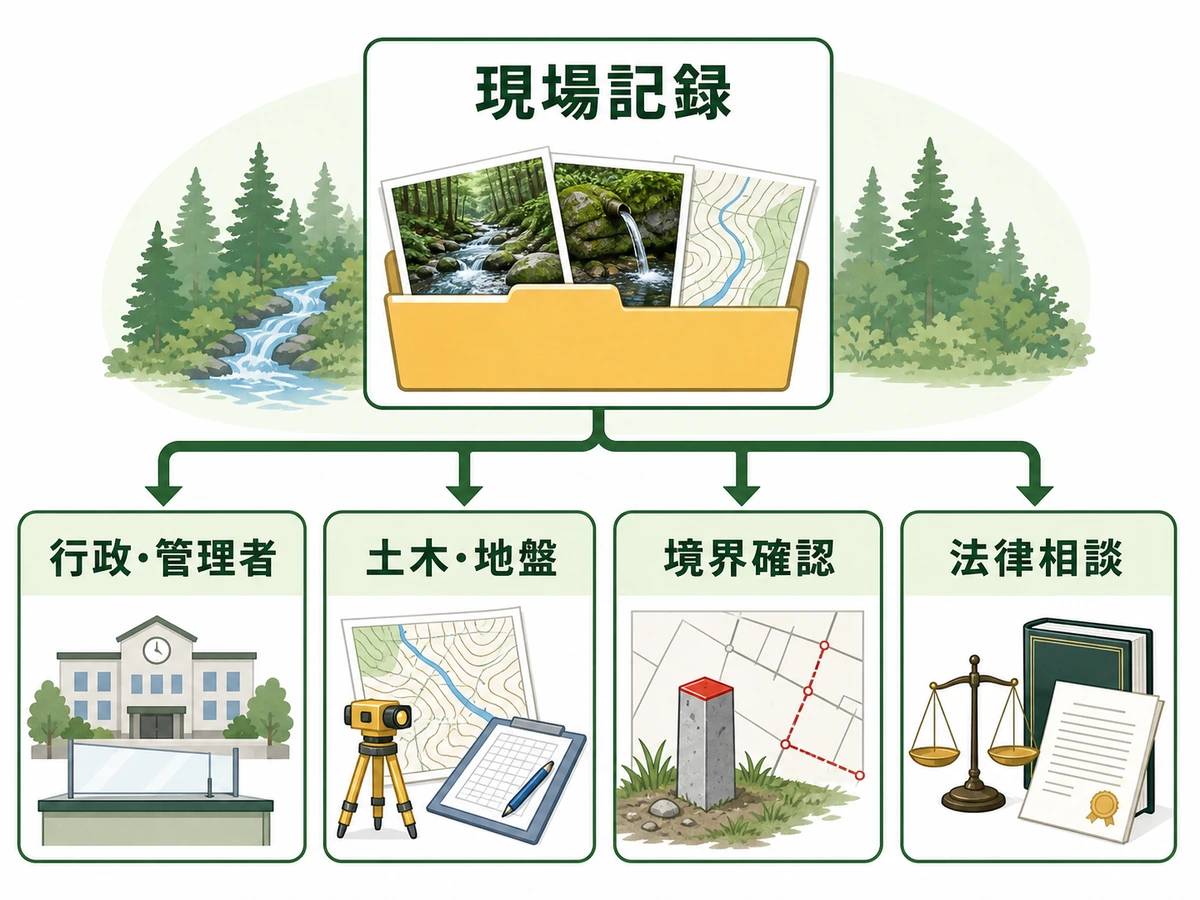 山林の湧水記録から行政、土木・地盤、境界、法律の相談先を選ぶ図