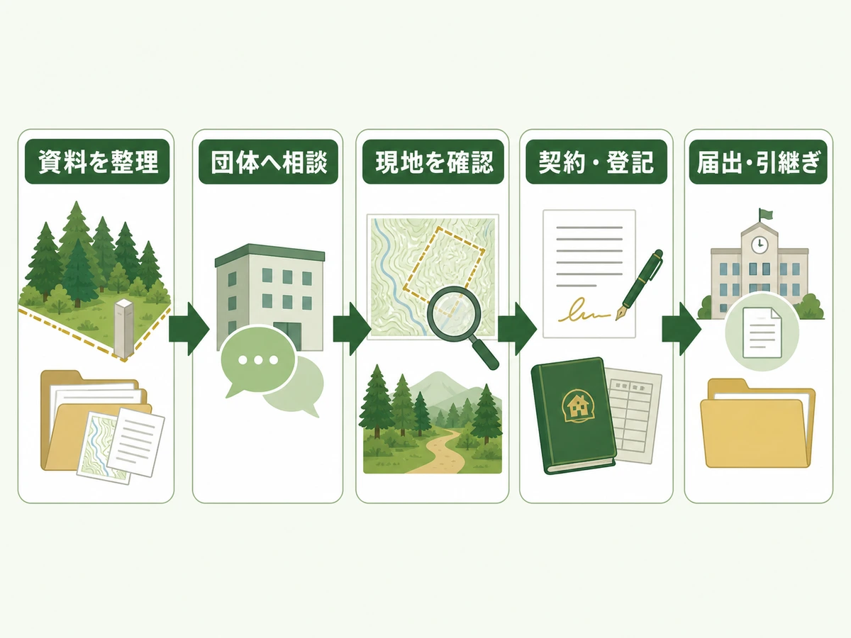 山林譲渡の資料整理から契約・登記、届出・引継ぎまでの流れ