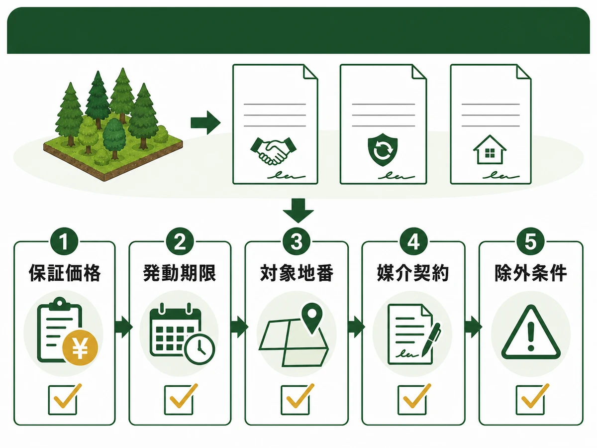 山林売却の買取保証で、保証価格、発動期限、対象地番、媒介契約、除外条件を順に確認するフロー