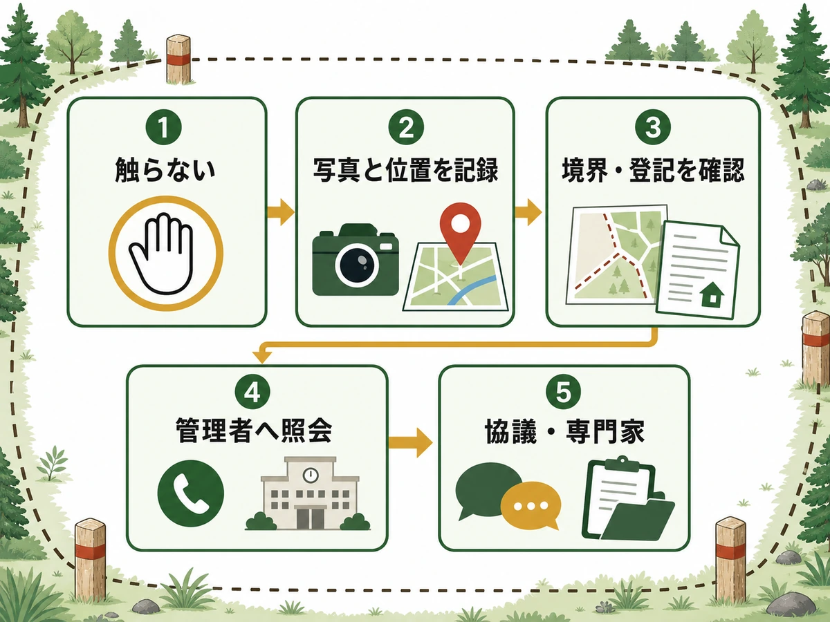 山林の見知らぬ構造物に触れず、記録から管理者照会まで進む5ステップ