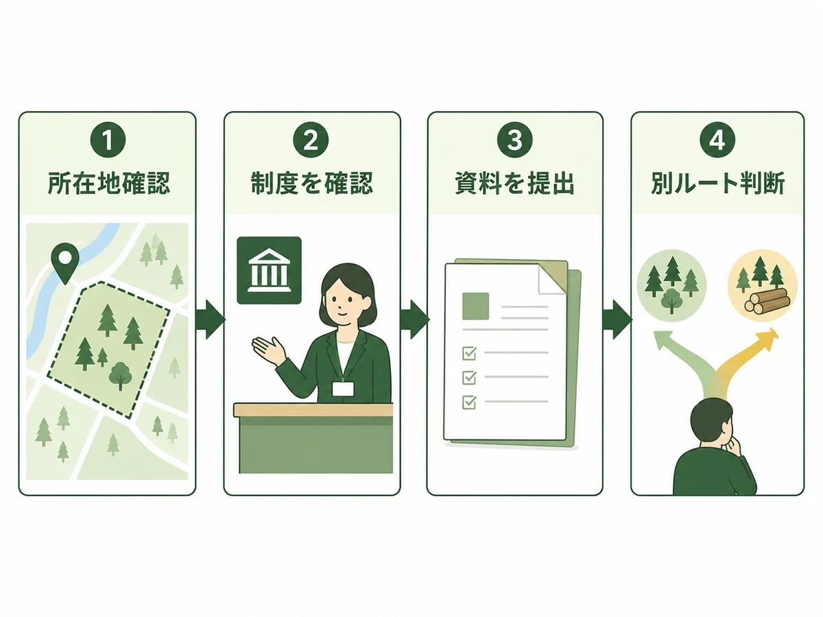 山林所在地の確認から別の手段の判断までを示す問い合わせフロー