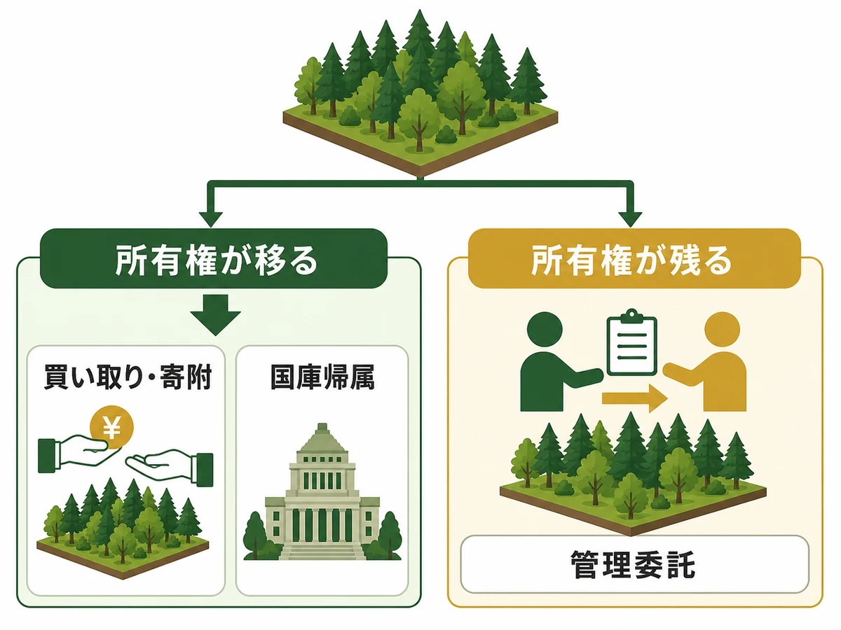 山林の所有権が移る手段と残る管理委託を分けた比較図