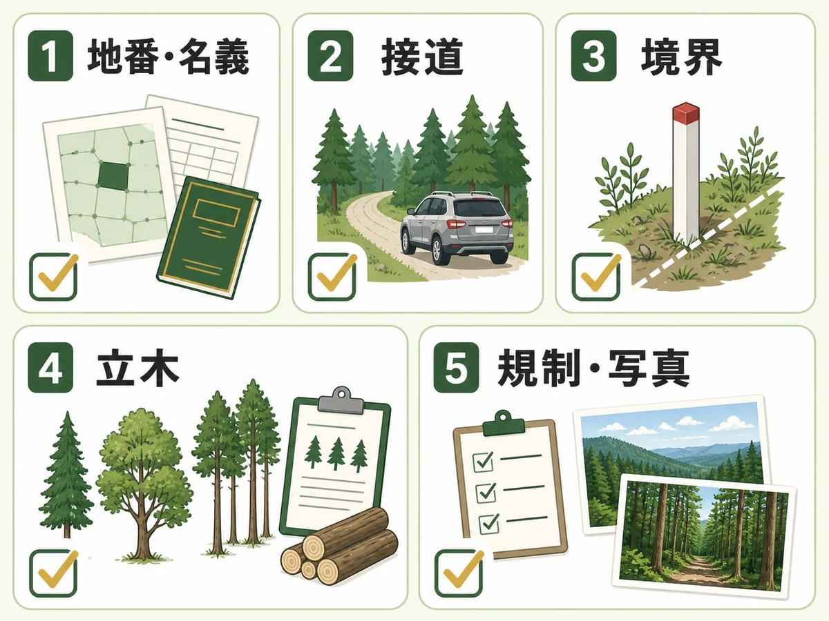 山林の買い手探し前に地番・接道・境界・立木・規制と写真を確認するチェック図