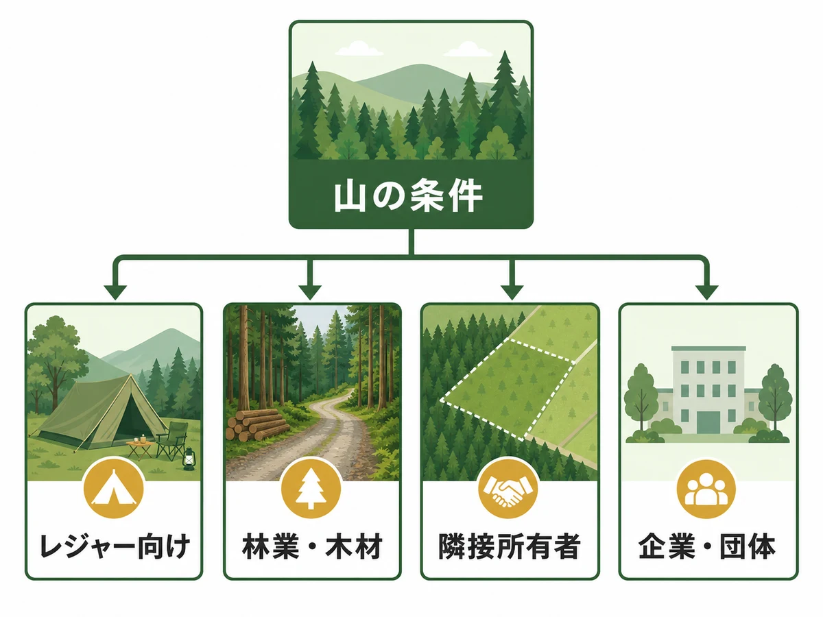 山林の条件からレジャー・林業・隣接所有者・企業団体の買い手候補へ分かれる判断図
