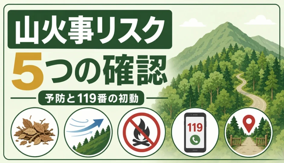山火事リスクの5つの確認と、予防・119番通報の初動を示すサムネイル