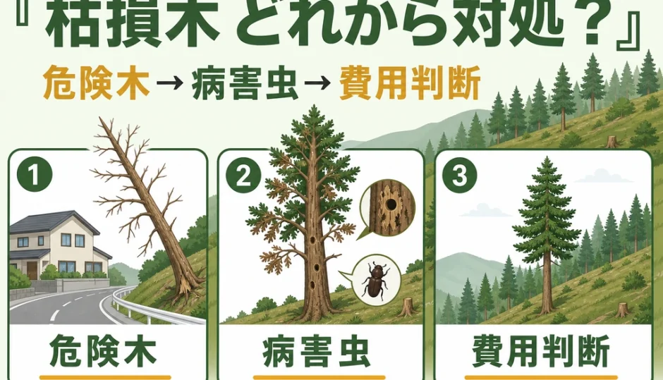 山林の枯損木を危険木、病害虫疑い、その他の順に判断するサムネイル
