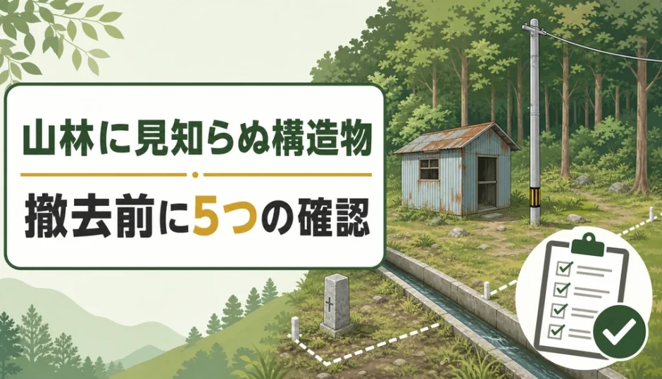 山林内の小屋・電柱・水路を撤去する前に5つの確認を促す図