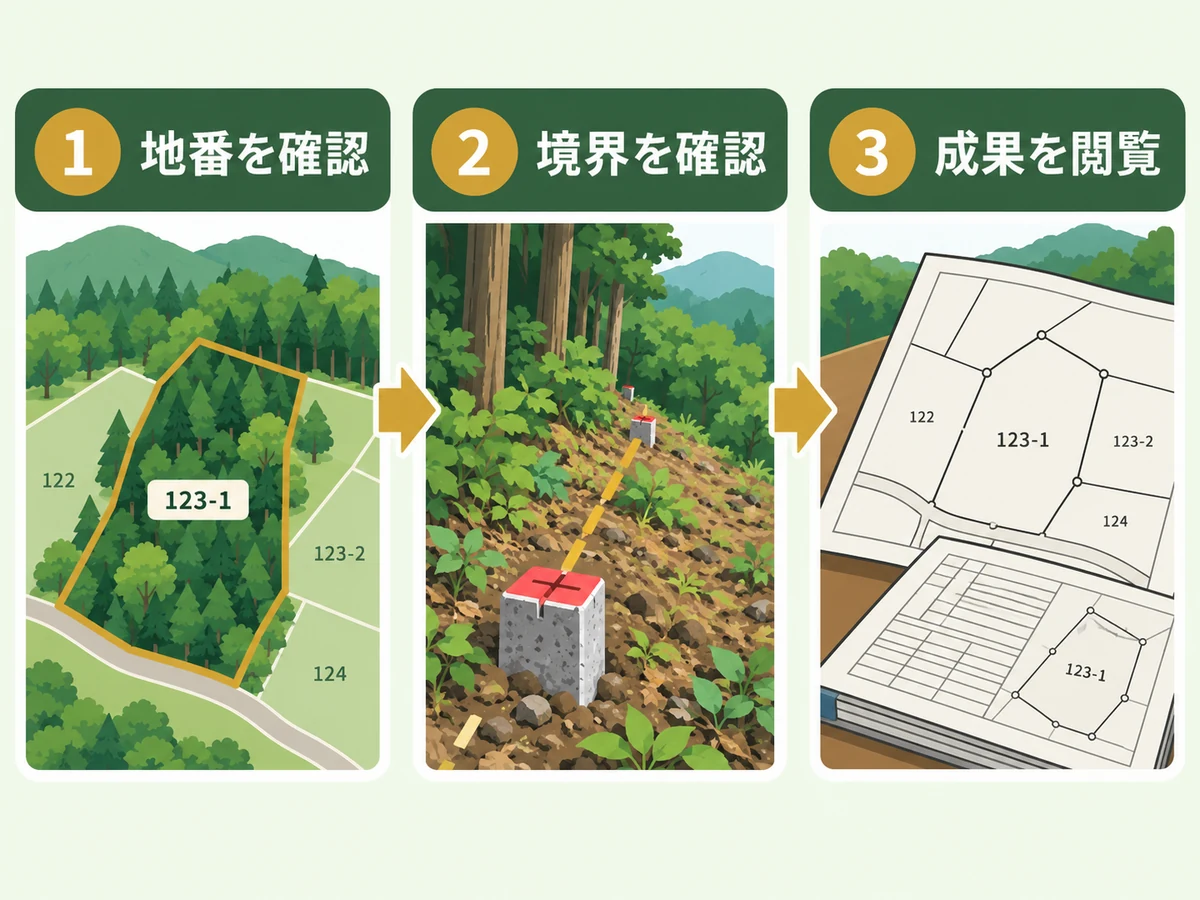 山林の地籍調査で地番、境界、成果を順に確認する図