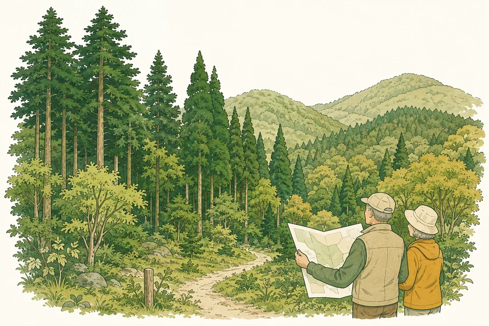 地図を広げ、木々に囲まれた山林を見渡す夫婦